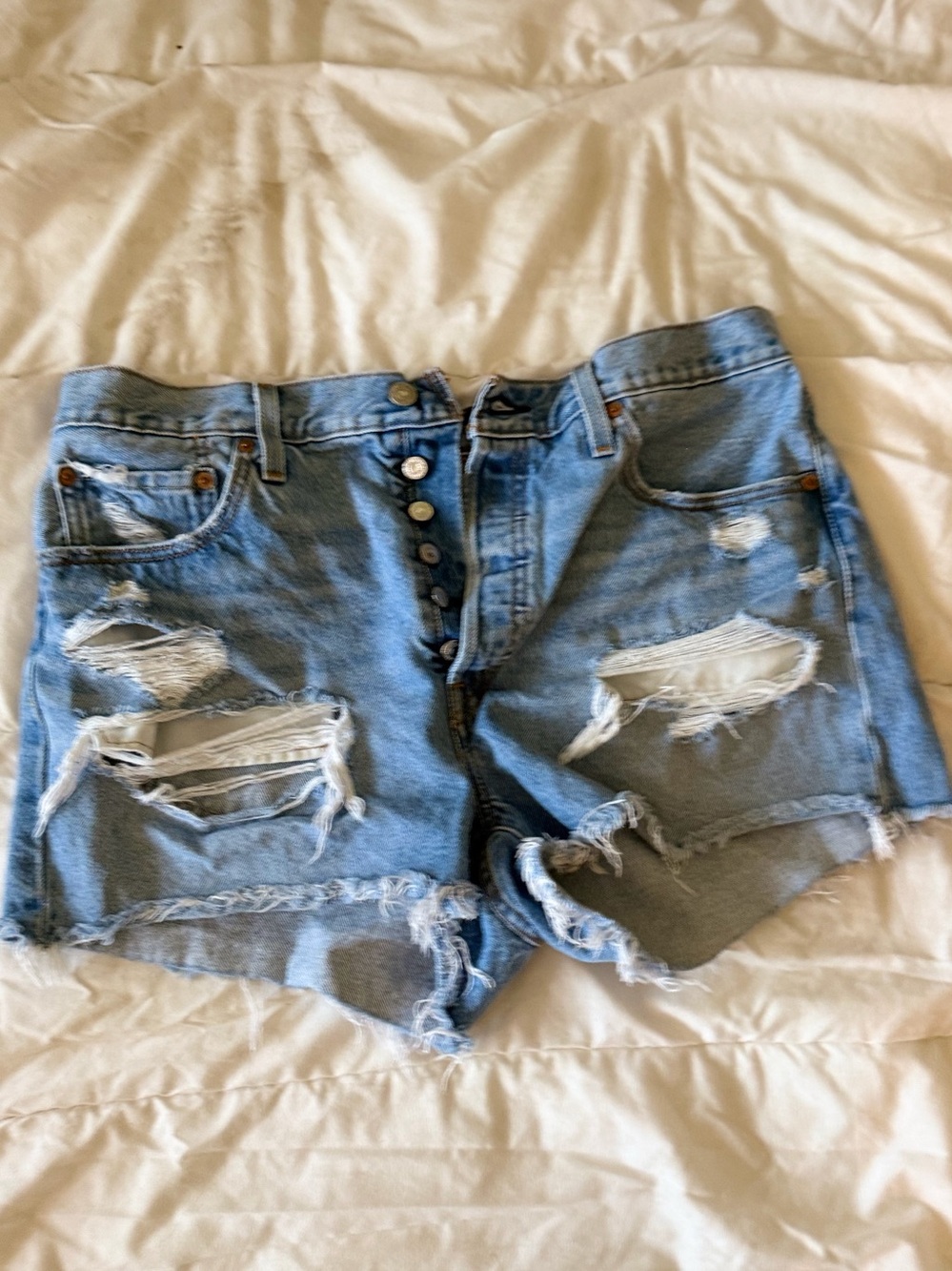 Levi's Light Blue Distressed Button-Fly Denim Shorts